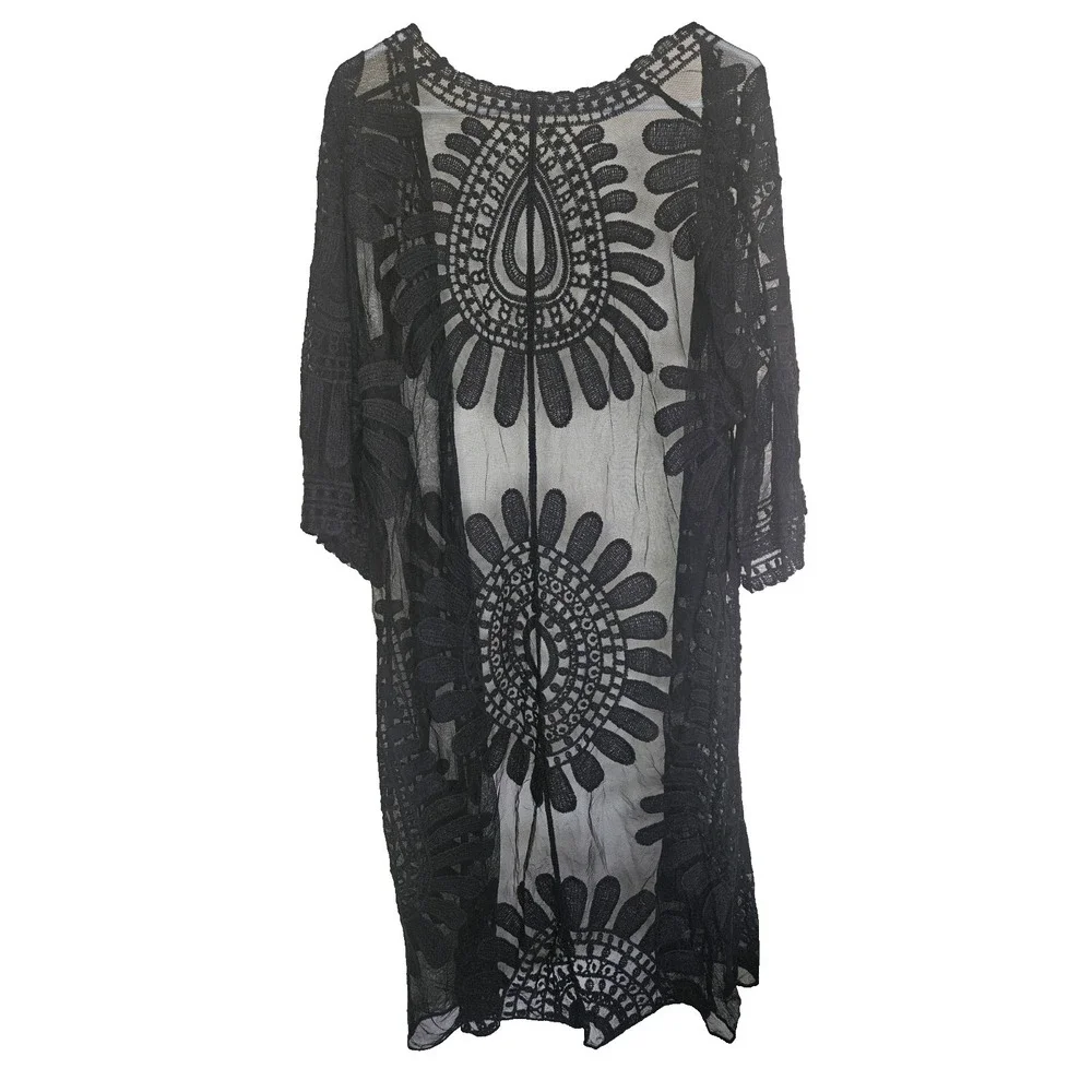 Black Lace Kimono Cardigan Sheer Duster Open Front‎ Boho Festival Witchy Gothic - Picture 2 of 7